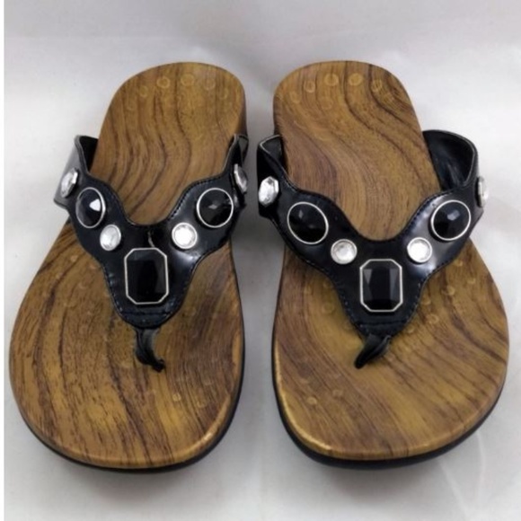 Vionic Shoes - Vionic 11 Flip Flop Black Patent Jeweled Wood Look